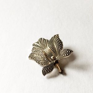 Vintage Silver Marcasite Iris Flower Brooch